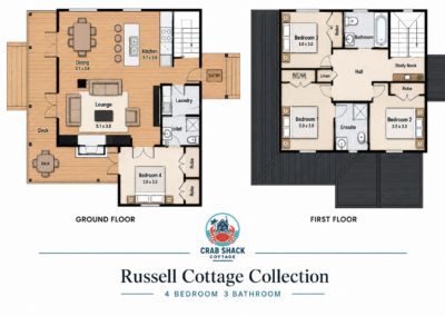 Architectural floor plan layout mapping the bedrooms and bathrooms of Crab Shack Cottage.